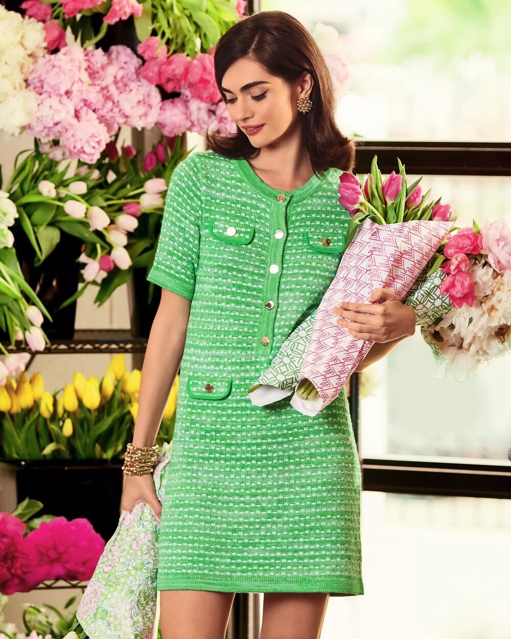 Lilly Pulitzer Theodorah Sweater Dress Size L Green Metallic Marl Button Front